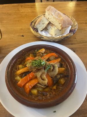 Lunch/dinner: Vegan musaka tagine with homemade bread   at Casablanca in Cardiff