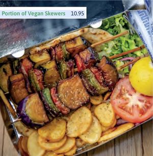Vegan skewers, can be served with pita bread/salad/rice/chips at Tony's Pita - Palmers Green in North London