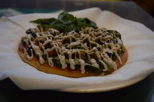 Spicy basil pizza with cashew cheese at Paradigm Shift Vegan Cafe in Bangalore