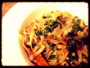 Pad kee Mao: spicy, delicious drunken Thai noodles with vegetables at Paradigm Shift Vegan Cafe in Bangalore