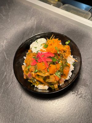 Butternut Squash Bobo with Jasmine Rice, Mint Raita, Pickled Onion & Carrot  at Chamo Street Food in Preston