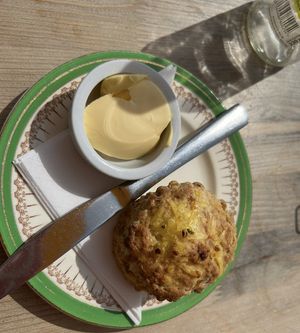 Vegan cheese scone   at Dr Fox's Tearoom in Weston-super-mare