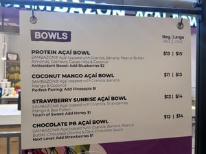 menu: bowls  at CLT - Sambazon Acai Smoothies in Charlotte