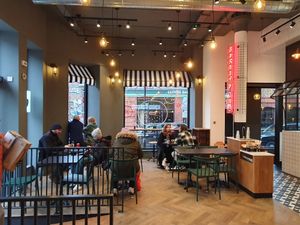 Seating area #Veganuary at B Bagel Camden in North West London