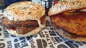 Sausage hash brown bagels at B Bagel Camden in North West London
