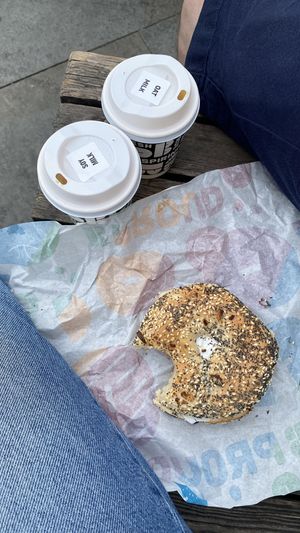 2 lattes and a vegan cream cheese bagel  at B Bagel Camden in North West London