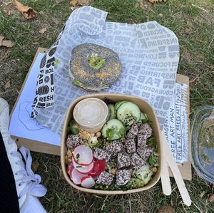Quinoa Salad and poppy seed cream cheese and avocado Bagel (~£13.50) + plain bagel (not in picture)  at B Bagel Camden in North West London