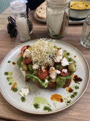 Pesto butter beans with vegan feta added for 1 euro extra.   at Koek van Nouk in Arnhem