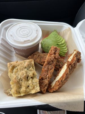 The Breakfast Plate (Herbed scallion biscuit, sweet potato grits, house buttermilk fried chick’n, sliced tomato, avocado + fruit)  at The Smokin' Onion in Asheville