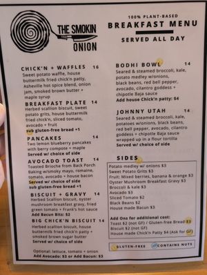 Breakfast menu at The Smokin' Onion in Asheville