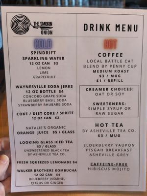 Drink menu at The Smokin' Onion in Asheville