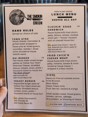 Lunch menu at The Smokin' Onion in Asheville