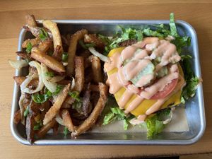 Smash burger and fries   at The Smokin' Onion in Asheville