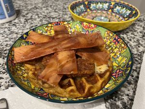 Chick’n & Waffles Leftovers add Morningstar Farms Vegan Baconn  at The Smokin' Onion in Asheville