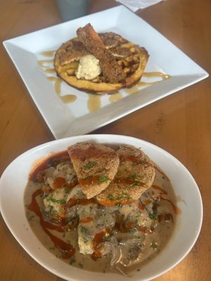 Biscuits and gravy and chickn and waffles  at The Smokin' Onion in Asheville