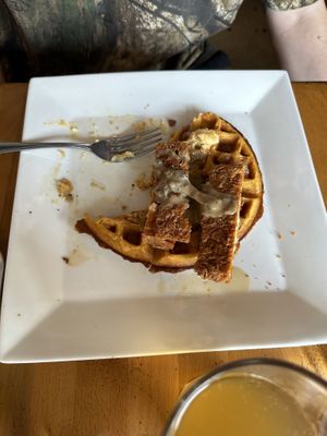 Chickun and sweet potato waffle   at The Smokin' Onion in Asheville