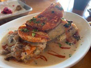 biscuits & gravy + fried green tomatoes  at The Smokin' Onion in Asheville