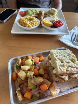 Top is breakfast plate and bottom is big chick’n biscuit 🤤  at The Smokin' Onion in Asheville