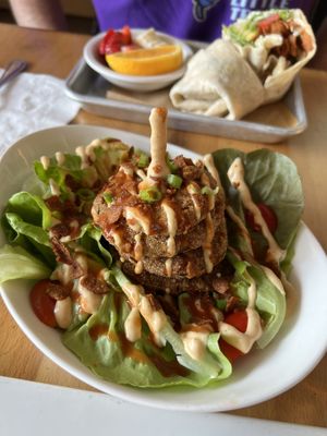 Fried green tomatoes and BLT in background   at The Smokin' Onion in Asheville