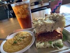 Big Chick’n Biscuit, sweet potato grits, sweet tea  at The Smokin' Onion in Asheville