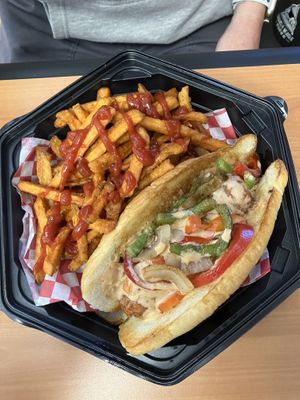 Sausage dog and sweet potato fries are excellent!  at The Vegan Spot in Fayetteville