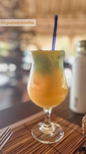 Gili goodness smoothie (mango, spinach, mint)  at Gili Asahan Eco Lodge & Restaurant in Gili Asahan