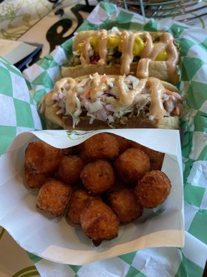 Dogs as sweet potato tots  at Mike's Vegan Grill in Charlotte