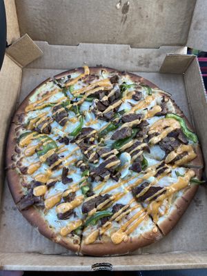 Cheesesteak pizzaa  at Mike's Vegan Grill in Charlotte