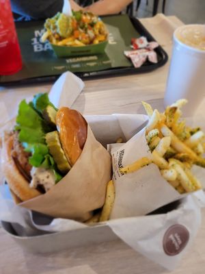 cracked mayo burger and fries at VeganBurg in Hesperia