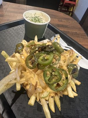Jalapeño aioli fries and side of creamy garlic saucee  at VeganBurg in Hesperia