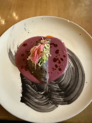 Blue quesadilla with purple mole. Our favorite!  at Makal in Puerto Vallarta