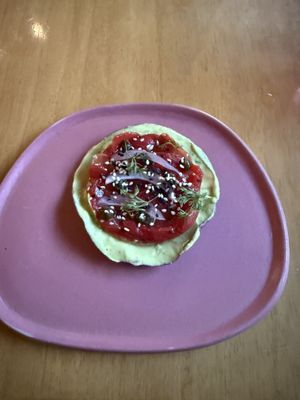 Watermelon Tiradito. (Omit the mayo). Marinated and grilled watermelon with black garlic puré and ponzu sauce    at Makal in Puerto Vallarta