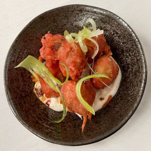 Beer battered gordal olives on truffle aioli at Bradleys in Llandrindod Wells