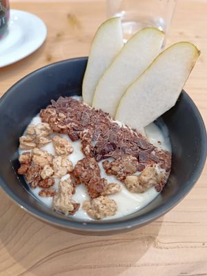 Vegan yoghurt with granola (included in the 16 euro dish) at Baak Libreria Bistrot in Bologna