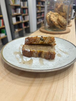 Banana Bread with seeds and spices and banana syrup at Baak Libreria Bistrot in Bologna