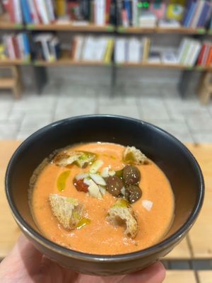 Gazpacho with confit cherry tomatoes, almonds, Taggiasca olives and toasted bread at Baak Libreria Bistrot in Bologna