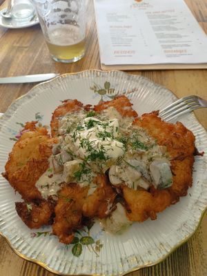 Potato pancakes with sour cream and mushroom souce at Vegan Friends Kitchen in Warsaw