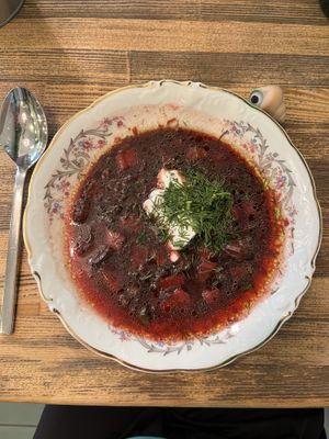 Botwinka soup with tempeh bacon  at Vegan Friends Kitchen in Warsaw