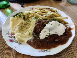 Soy cutlets with mashed potatoes and yellow string beans. Very tasty. at Vegan Friends Kitchen in Warsaw