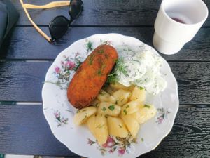 Chicken Kiev, cucumber salad and Silesian dumplings 5/5! at Vegan Friends Kitchen in Warsaw
