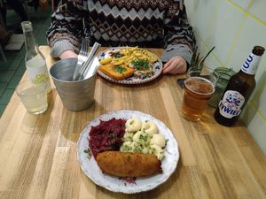 Kiev style mock chicken with beets and dumplings and grilled cheese with fries and salad at Vegan Friends Kitchen in Warsaw