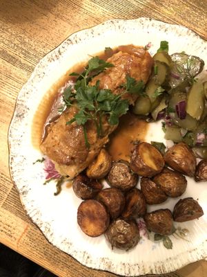 vegan roulade + roasted potatoes + kiszonka (pickled cucumber)  at Vegan Friends Kitchen in Warsaw