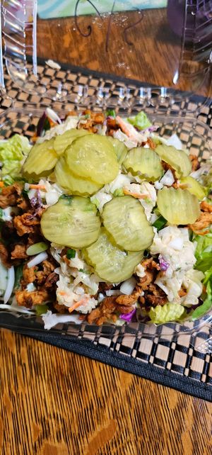Bbq and coleslaw on salad at That Weird Place in Amarillo