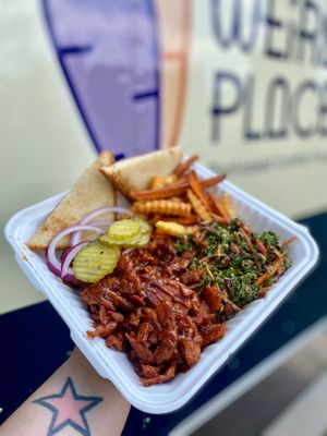 The Yeah Yeah Yeah Plate:
BBQ or Mango Habanero Soy Curls, Kale Salad, sweet potato & regular French fries plus dill pickles, onion and bread. at That Weird Place in Amarillo
