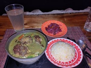 Vegan meatball curry, rice and salad on the side at KAMIAVAN The Vegetarian Eatery in Corn Islands