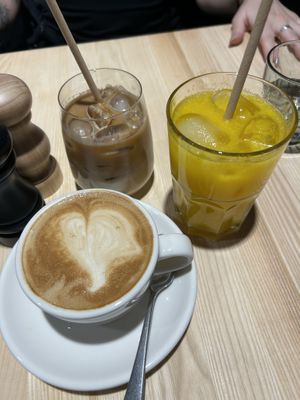 Oat cappuccino, iced cappu and freshly squeezed orange juice   at Greasy Spoon @ Playhouse Teater in Stockholm