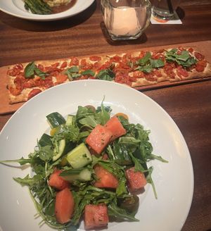 watermelon salad & tomato flatbread (request no cheese in both)   at Seasons 52 in Costa Mesa