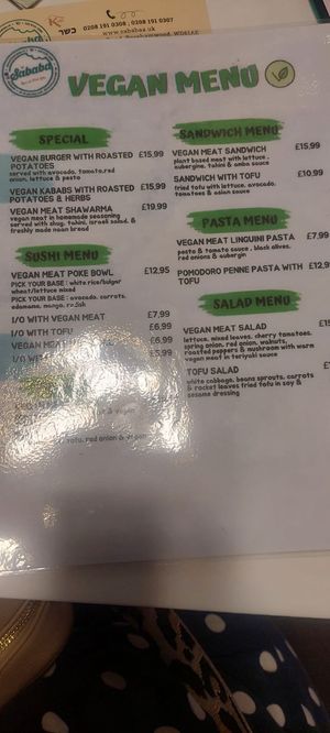 Vegan menu at Sababa   in Borehamwood