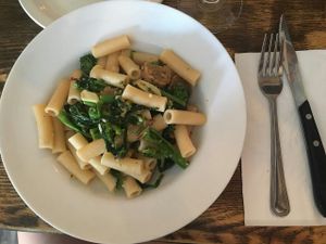 Penne Toscana: vegan penne with sautéed broccoli rabe, garlic & oil, spicy vegan sausage at Tufino Pizzeria in Astoria