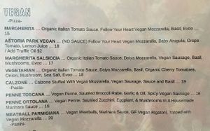 The vegan menu at Tufino Pizzeria in Astoria